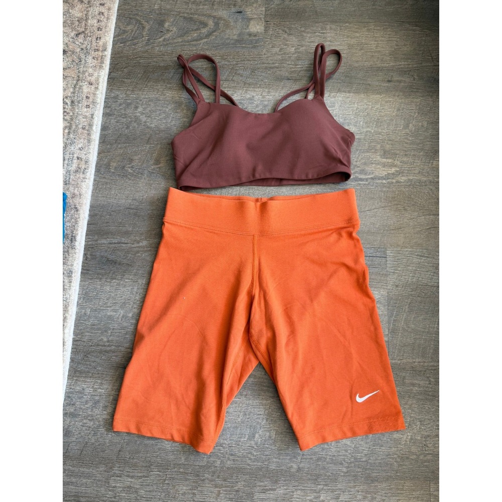 Nike Women Orange Biker Shorts and Burgundy Strappy Sports Bra Set Size Small
